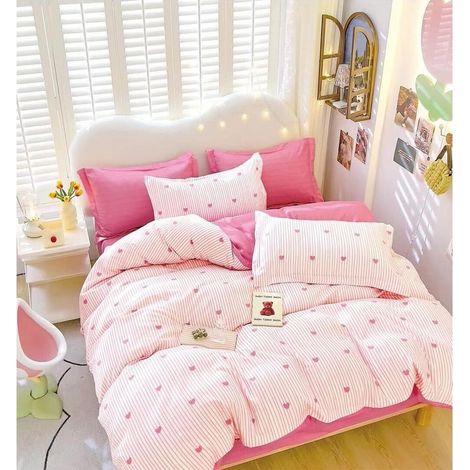 Parure de lit élégante pour 2 personnes, en coton fin, 6 pièces : drap-housse 180x200 cm, housse de couette 200x230 cm, 2 taies d’oreiller 70x70 cm, 2 taies d’oreiller 55x75 cm, motif cœur, rose clair (1/5)
