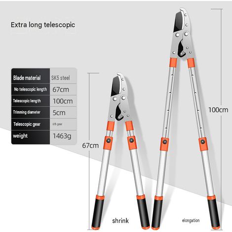 Sécateur télescopique robuste à enclume avec lame en acier SK5, extensible de 67 à 100 cm, capacité de coupe de 5 cm pour la taille des branches d'arbres (1/2)