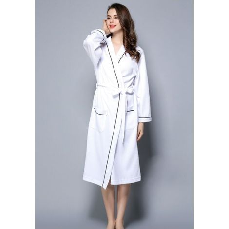 Peignoir Femme Coton Gaufré Léger Robe de Chambre Unisexe Spa Sauna Peignoir de Bain Eponge - Blanc L (1/5)