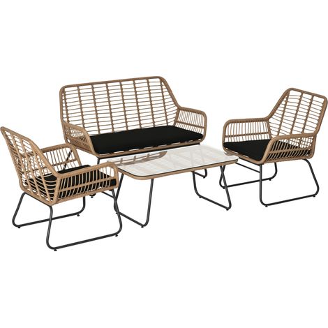 4-teiliges Boho-Gartenmöbelset aus PE-Rattan für den Außenbereich mit 2 Sesseln, Hocker und Couchtisch mit Hubtischplatte.