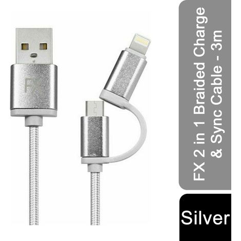 FX 2 in 1 Braided Charge & Sync Cable - 3m : Silver (1/5)
