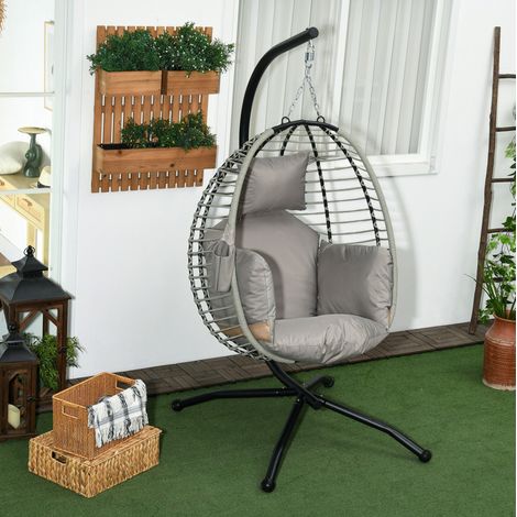 Chaise suspendue de jardin en acier gris, pliable avec coussin épais et appui-tête (1/5)
