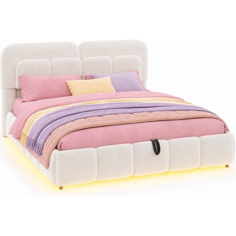 Lit Coffre 140 x 200 cm en Velours, Lit Double avec LED Réglable et Tête de Lit Rembourrée, sans Matelas, Beige (1/5)