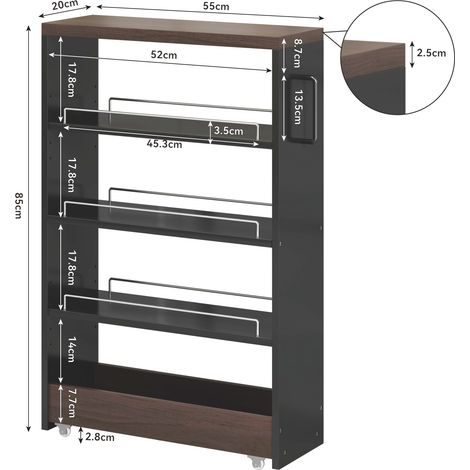 Chariot de rangement étroit avec 4 étagères réglables, design noir et bois marron, 55x20x85 cm, pour cuisine et salle de bain (1/5)