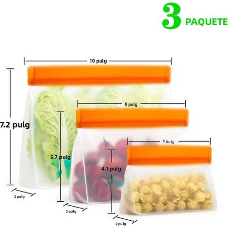 3 sachets de conservation alimentaire en silicone PEVA réutilisables, anti-fuite, avec rabat d'accrochage pour congélateur et sandwichs (1/4)