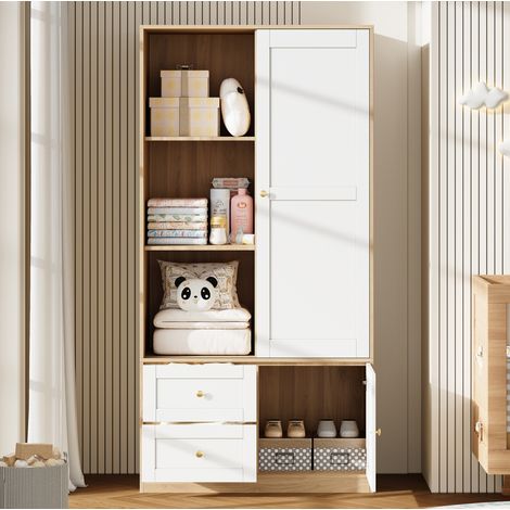 Armadio scorrevole 90x50x180 cm, con asta appendiabiti e 2 cassetti, MDF, naturale bianco (1/5)