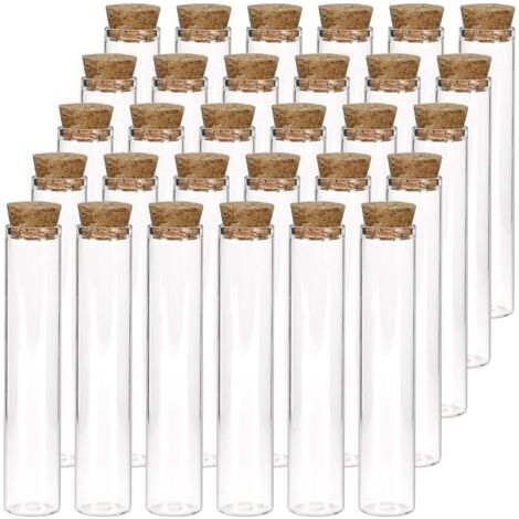 Lot de 30 tubes à essai en verre transparent plat de 22 x 100 mm avec bouchons en liège, pour plantes, expériences scientifiques, sels de bain et bonbons.