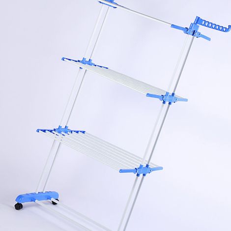Porte-vêtements pliable sur pied en forme d'aile, design créatif, portable, à roulettes, porte-serviettes rétractable à trois niveaux, vente en gros, bleu. (1/5)