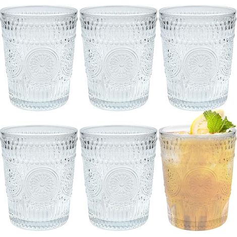 Set of Vintage Clear Stackable Glasses for Coffee, Cocktail, Bar, Drinks, Tea, Milk, Yogurt, Whiskey, Embossed Floral Pattern (1/5)