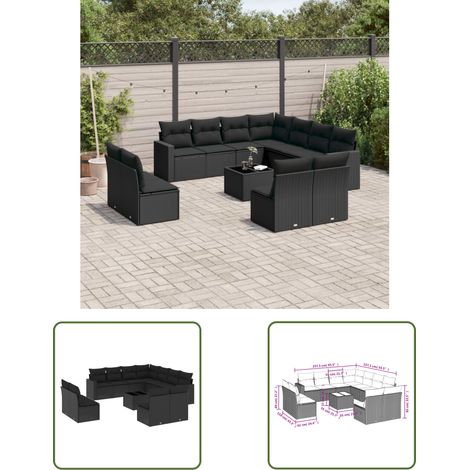 The Living Store Salon de jardin 12 pcs avec coussins noir résine tressée - Ensemble Salon De Jardin - Meuble De Jardin - Résine Tressée - Rotin Synthétique - Mobilier D'extérieur (1/3)