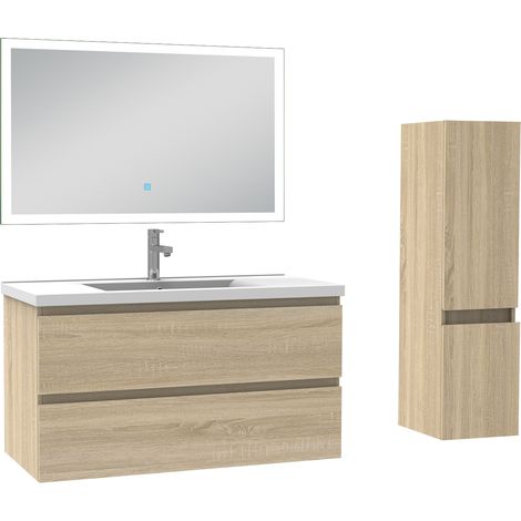 Ensemble meuble de salle de bain 100cm, vasque céramique + colonne + miroir lumineux, chêne