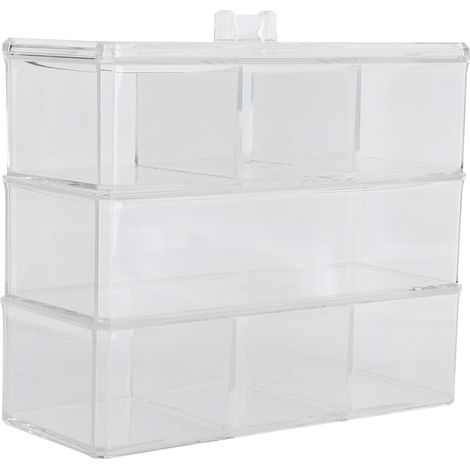 Boîte de rangement multifonction transparente pour cosmétiques et bijoux, organiseur de salle de bain et plan de travail, coffret de rangement avec couvercle, lot de 2, design moderne. (1/5)