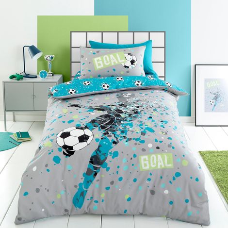 Housse de couette bleu Football - Lit simple (200 x 140 cm) - Réversible (2 motifs) - Parure de lit sur le thème du football - Accessoires de chambre à coucher - Literie (1/4)