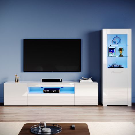 ELEGANT Living Room Set Modern High Gloss Fronts with LED Light, 2000mm TV Stand, Display Cabinet with Glass Shelf Bookcase, White (1/5)