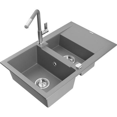Mexen Gaspar lavello in granito 1,5 vasca con scolapiatti e rubinetto da cucina Flora, grigio - 6507-71-670401-06 (1/5)