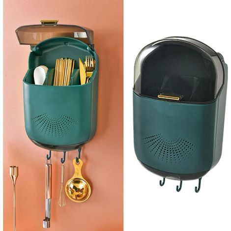 Porte-baguettes mural avec bac d'égouttage, boîte de rangement pour ustensiles de grande capacité à 3 compartiments avec couvercle (vert)