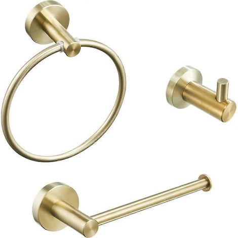 Badezimmer-Accessoire-Set in gebürstetem Gold, 3-teilig: doppelter Wandhandtuchhalter, Handtuchhaken und Toilettenpapierhalter.