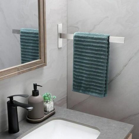 Porte-serviettes - acier inoxydable 304 - auto-adhésif - sans perçage - finition brossée, argenté - barre simple de 39 cm (1/4)