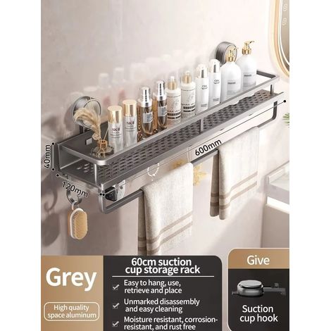 Étagère de rangement murale pour salle de bain (tige grise de 60 cm) avec ventouses puissantes, organisateur en aluminium sans perçage pour les articles de toilette et de douche. (1/5)