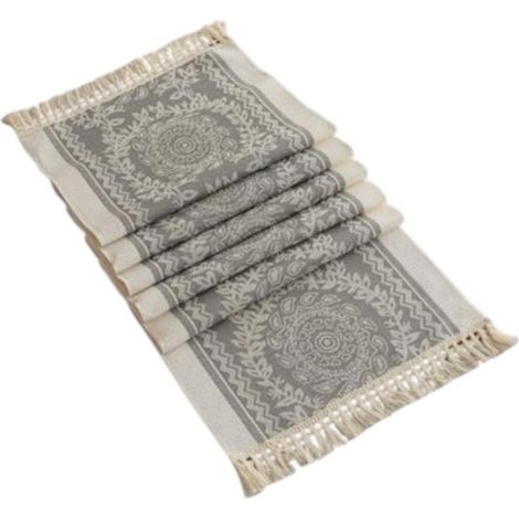 Chemin de table rétro en polyester et lin, 180 x 35 cm, motif gris, décoration de table et protection contre la chaleur, pour salle à manger et bureau (1/5)