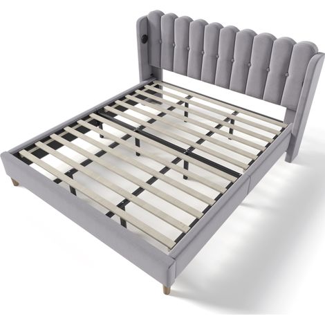 Letto matrimoniale imbottito grigio 180 x 200 cm con USB e USB Type-C e rete a doghe MODENUIT (1/5)