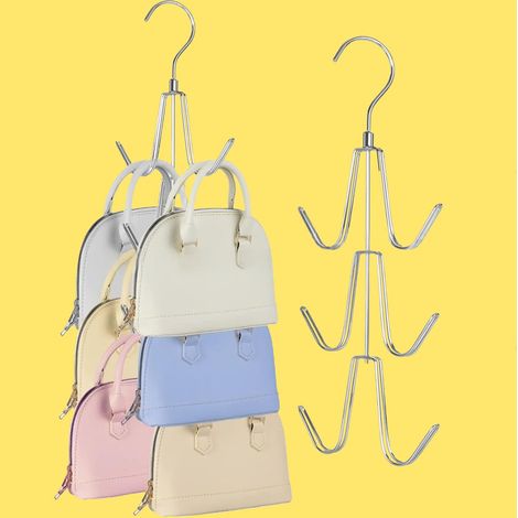 Ganchos para bolsos, juego de 2 perchas metálicas que ahorran espacio, organizador de armario para bolsos, mochilas, chalecos y cinturones (plateado) (1/5)