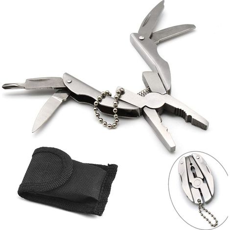 Kit de alicates multiherramienta, herramienta de bolsillo multifuncional con estuche de cuero negro, alicates multiherramienta para acampar, pescar, hacer senderismo, cocinar y picnics. (1/5)
