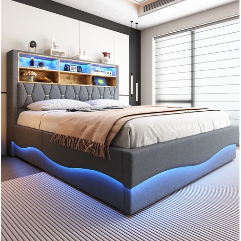 Cama tapizada 180/200 cm gris de metal y lino con LED, USB y almacenaje hidráulico (1/5)