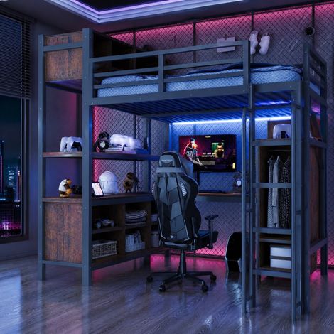 Hochbett mit Schreibtisch 140 x 200 cm, Kleiderschrank, LED, Schwarz OKMYHOME (1/5)