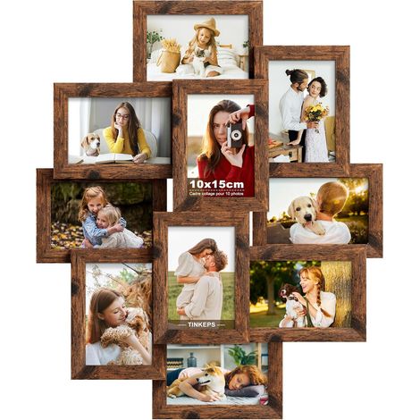 Cadre photo Pêle-Mêle Marron Lot de 10 cadres pour photos 10x15 cm, cadre multiple pour plusieurs images, à suspendre verticalement ou horizontalement au mur (1/5)
