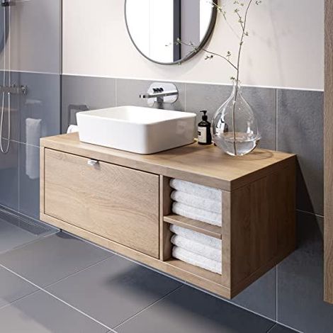 Bathroom Oak Wall Hung Vanity Unit and Basin Sink Cabinet Storage 1100mm Right Hand Shelving Unit with 480mm Rectangular White Basin