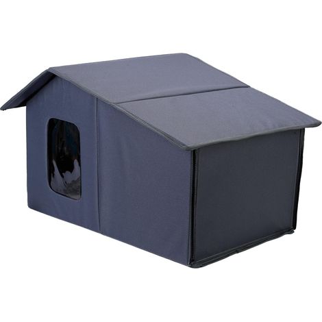 Niche d'extérieur pour chat, résistante à l'hiver, imperméable, grotte pour chat, maison pour animaux de compagnie avec rideau transparent amovible, niche pliable pour animaux errants (gris) (1/5)