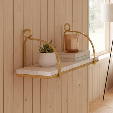 Étagère Murale, Tablette Murale, Rayonnage Polyvalent, 40x16 h18 cm, Blanc et Or (1/5)