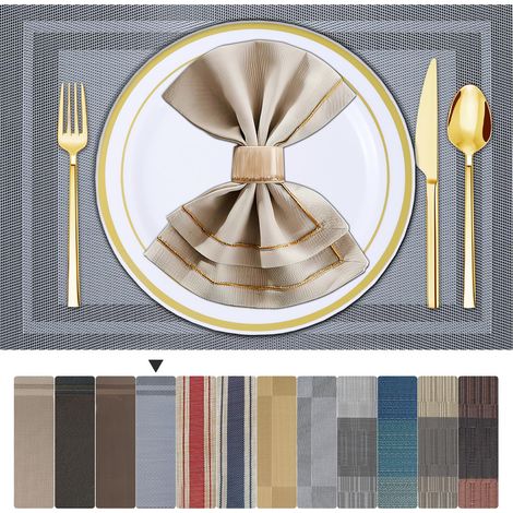 4 Sets de Table Lavable PVC Vinyle Dessous Assiette de Dîner Durables Napperon Rectangulaire Intérieure/Extérieure -4 Pièces, 01 Gris Argenté (1/5)