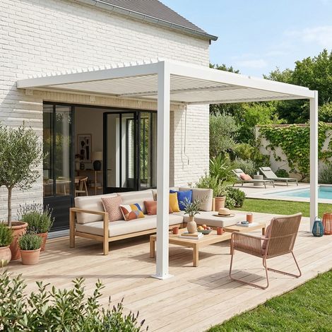 Pergola bioclimatique aluminium adossée lames orientables 4x3m blanc Palace (1/5)