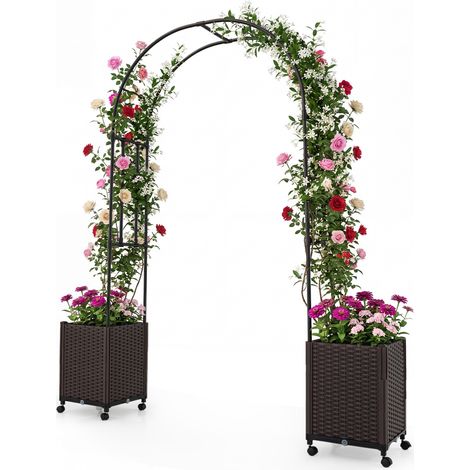 Arche de jardin avec treillis et 2 bacs de fleurs auto-arrosants, structure métallique noire, roulettes mobiles pour cour, pelouse et décoration extérieure (1/5)