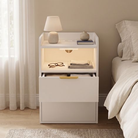 Comodino 40x40x60 cm con stazione di ricarica e LED, 3 cassetti contenitori, mobile per camera da letto in legno, stile moderno, bianco (1/5)