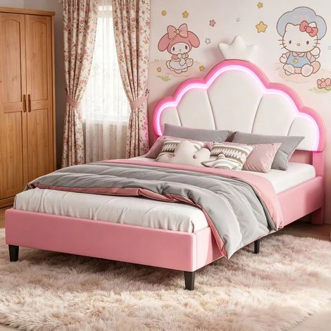 Lit double 140×190cm avec lumière LED, lit capitonné avec couronne, lit princesse avec sommier réglable, cadre à lattes, lit ados, lit enfants, Velours, Rose
