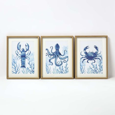 HOMESCAPES Set of 3 Blue Sea Animal Wall Art (1/5)