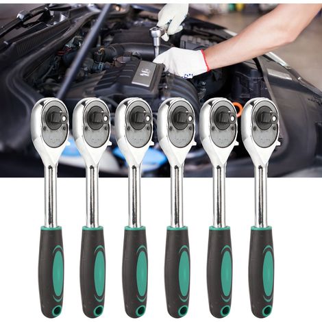 Lot de 6 clés à cliquet à dégagement rapide double face en acier au chrome-vanadium, douilles de rechange de 1/2 pouce, outils de réparation automobile, poignée ronde verte. (1/5)