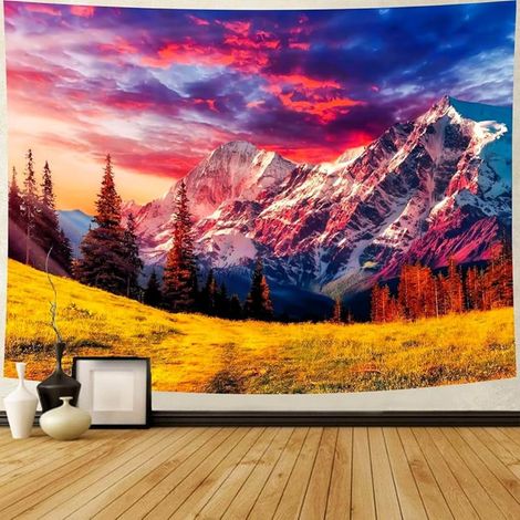 Tapestry - Paysage Montagne Coucher De Soleil Forêt Arbre Nature - Décoration Murale Chambre Salon - 150 x 200 cm (1/5)