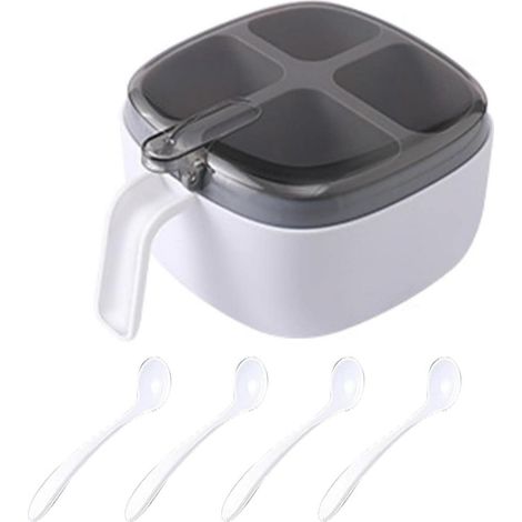 pièce - Pot à épices - Bicolore, quatre compartiments - Pot à épices intégré - Usage cuisine - Couvercle transparent avec cuillère - Gris (1/5)