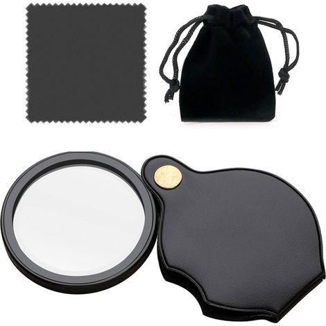 petite loupe de bureau de poche 15x avec 1 chiffon de nettoyage et 1 sac de rangement noir, loupe de lecture pliable, loupe portable avec étui de protection, pour lecture, livres, journaux, cartes (1/5)