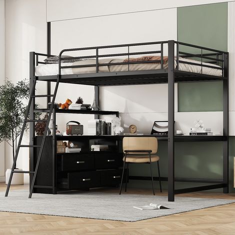 Cama alta 140x200 cm con cuatro cajones elegante escritorio en forma de L con chapa de madera estructura de hierro negro(Sin Colchón)