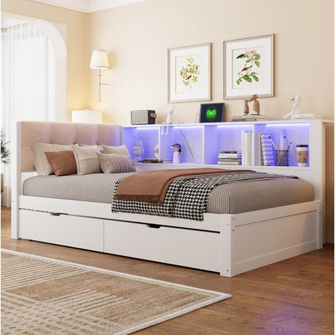 DESVIAE Lit banquette 90 x 200 cm avec tiroirs rangement étagère latérale 3 niveaux bande LED dimmable ports USB cadre en bois de pin et MDF blanc (1/5)