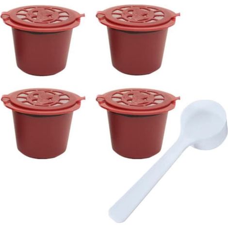 Capsules de café réutilisables - Non toxiques - Pour machine Nespresso - Lot de 4 - Acier inoxydable - Rouge (1/4)