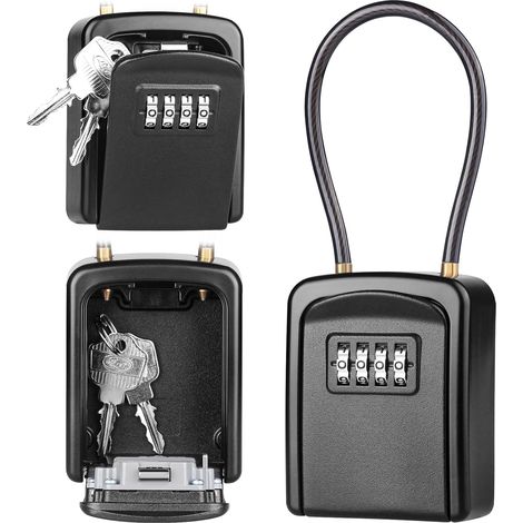 Caja de seguridad para llaves con combinación de 4 dígitos, resistente a la intemperie, para uso exterior, ideal para almacenes, puertas, garajes y entradas de emergencia. Color negro.