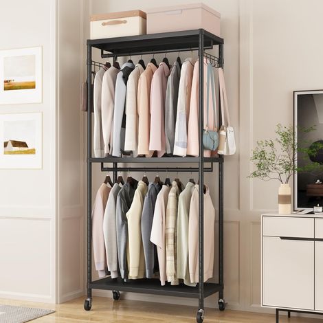 Penderie robuste 90 × 40 × 200 cm, armoire ouverte en métal avec 3 étagères et 2 tringles, porte-manteau autonome pour chambre et salon, charge maximale 250kg