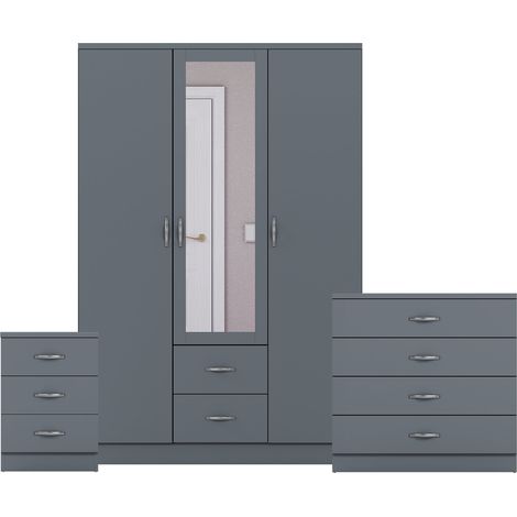 Riano 3 Piece Bedroom Set (3 Drw Bedside Chest, 4 Drw Chest, 3 Dr 2 Drw Mirrored Wardrobe), Grey (1/3)