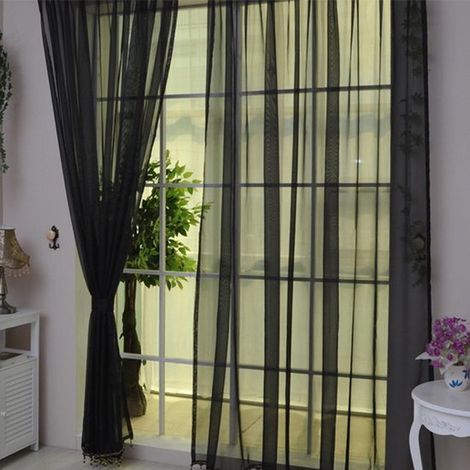 Rideaux transparents à deux panneaux pour le salon – bande plissée, ourlet lesté, tissu 100 % polyester, noir, 100 x 270 cm